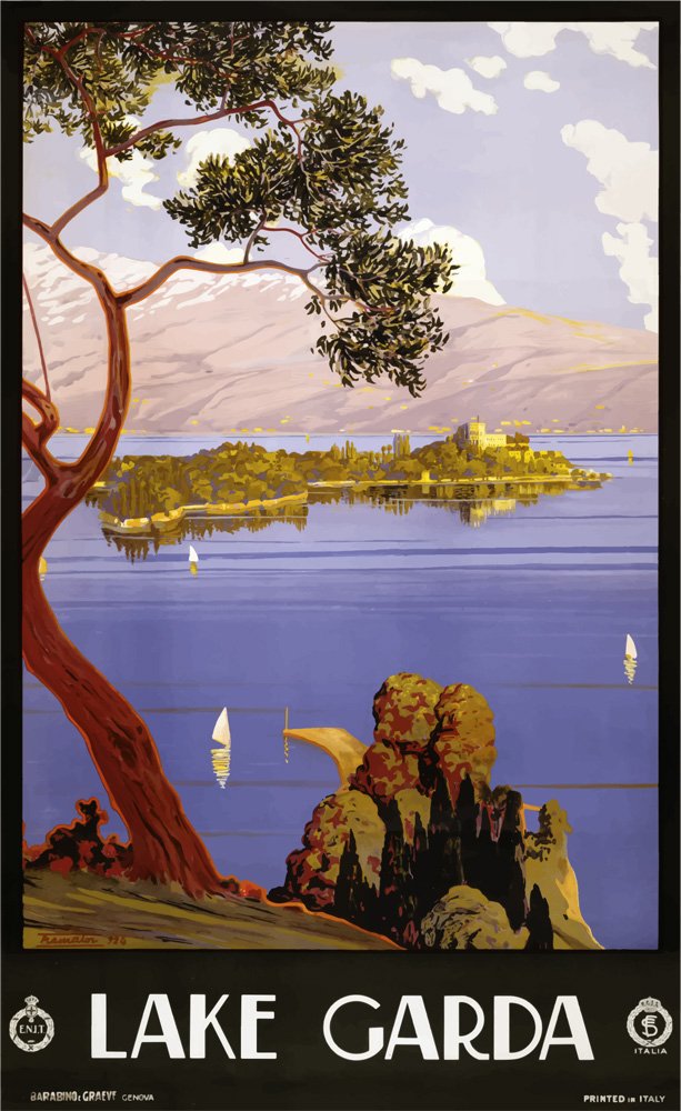 Poster Vintage Lac de Garde Affiche Voyage Italie Art Déco Déco Murale Bois Multicolore A2