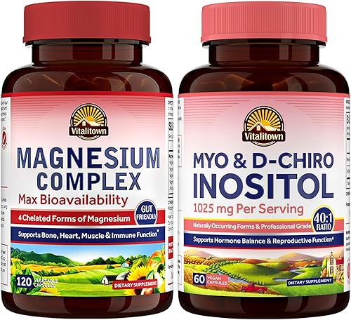 Vitalitown Complejo de magnesio e inositol - 500 mg de glicinato de magnesio quelatado + mio-inositol y D-Chiro para mujeres, apoyo para dormir,