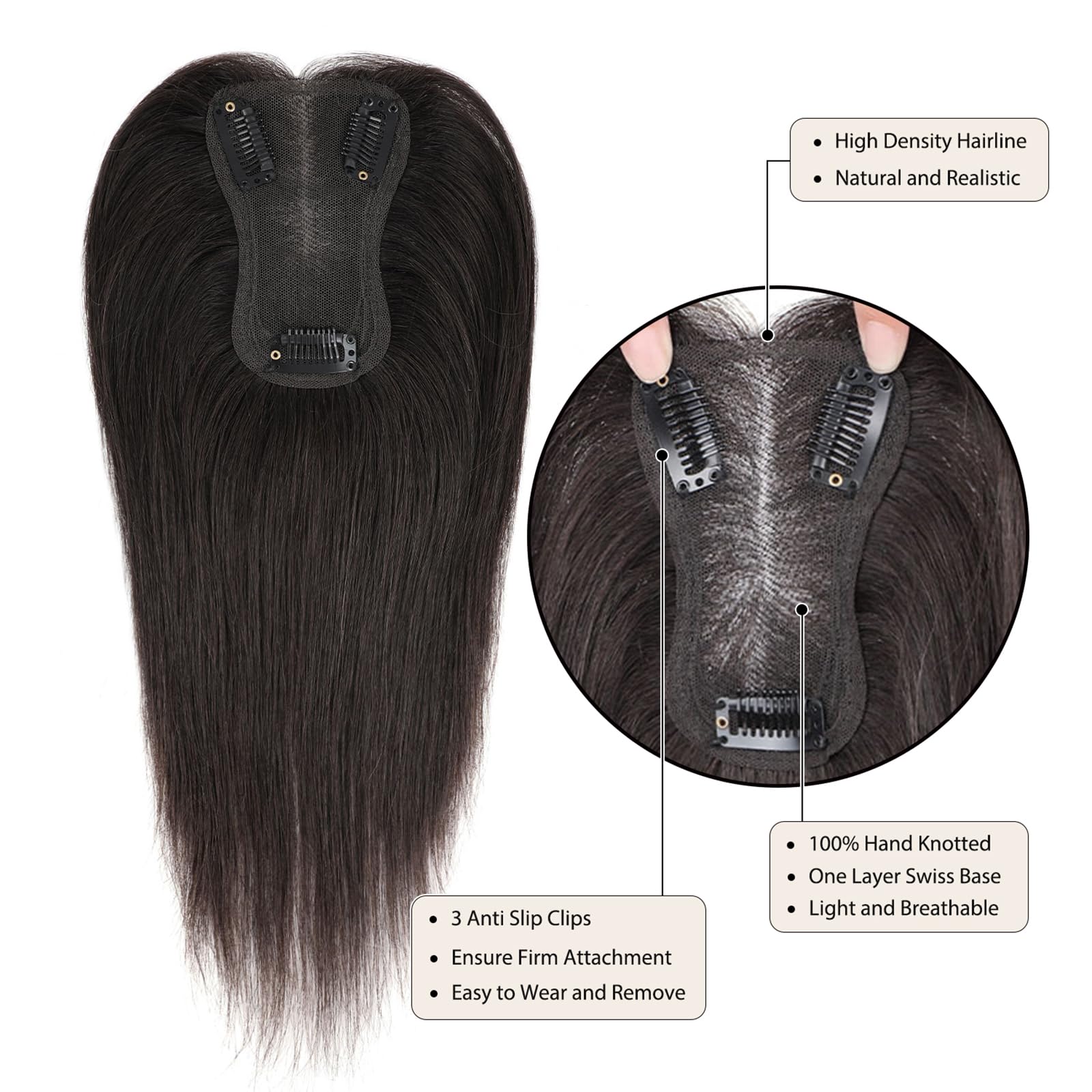10 Inch Human Hair Topper for Thinning Hair, Remy Hair with Swiss Net Remy Human Hair Full Swiss Lace Toppers for Women  main image 3