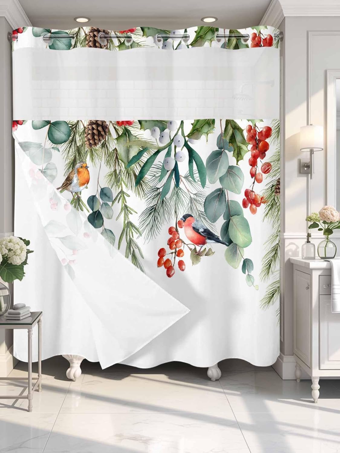 Christmas No Hook Shower Curtain with Snap in Liner,Bird on Eucalyptus Berry Vine Bath Curtain with See Through Top Window,Farm Plant on White Shower Curtains for Bathroom Decor,72x72in