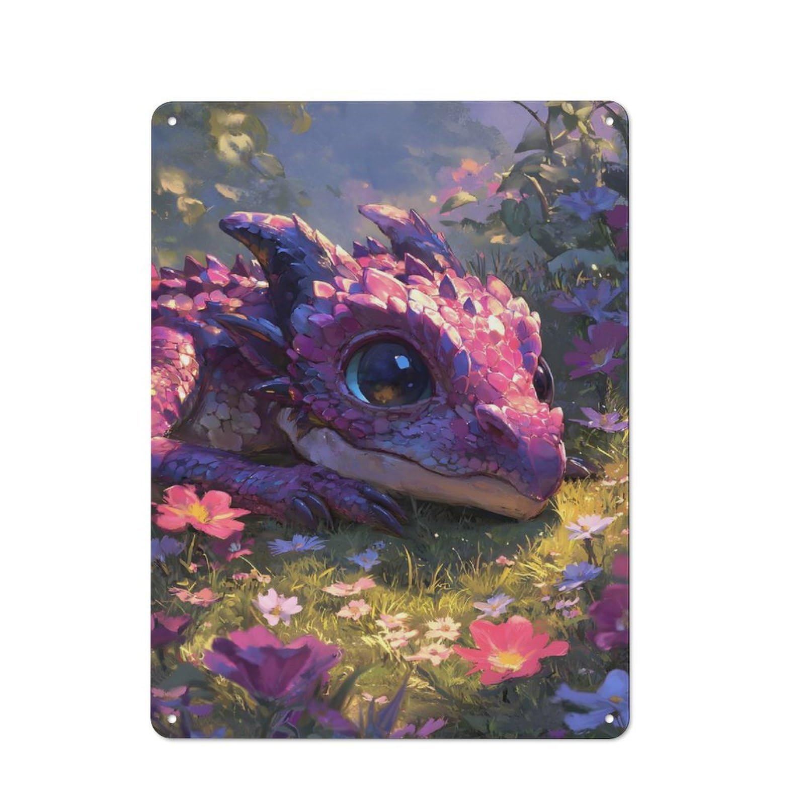 Junmoney Cute Pink Dragon In Flower Meadow Decorative Metal Plaque With Design 40X30cm, Loft Style Loft Wall Plaque For Modern Home, Workshop, Office Or Cafe