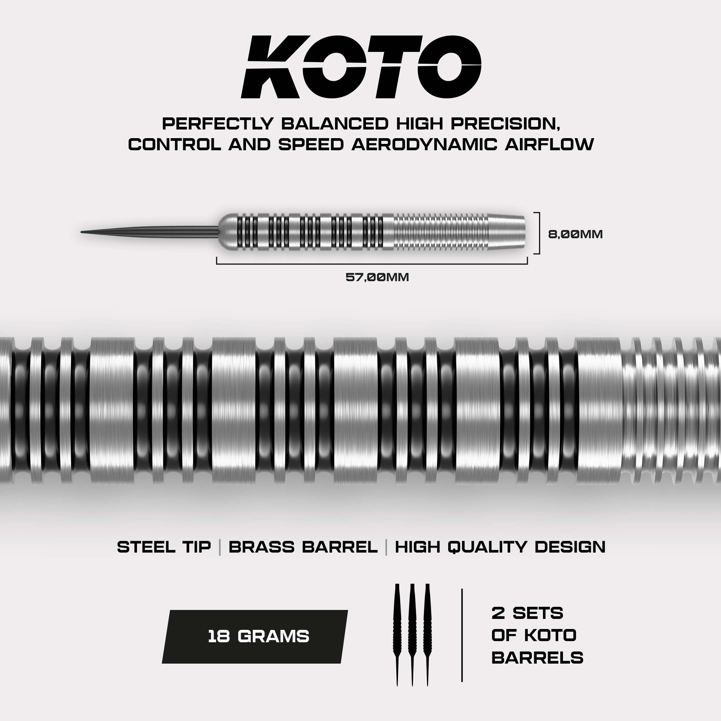 KOTO – Silver Black Brass Lotki do Darta, 18G, Zestaw Steeldarts, 90-Cz. | 18G Lotki do Darta Steeldarts, 6 Barrels, 18 Dart Flight i 18 Shaft, Wyważenie Centralne, Chwyt 2, Mosiądz, 57mm, 8mm