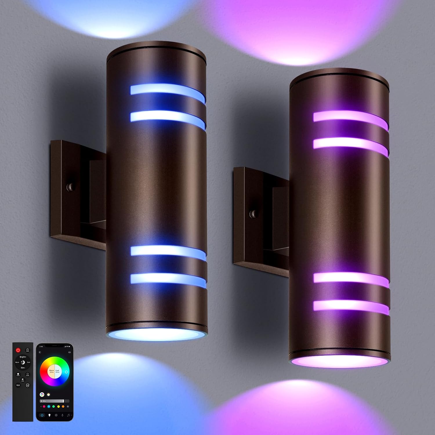 Smart Color Changing Outdoor Wall Sconce, RGB Up and Down Lights with Remote & App Control, Compatible with Alexa & Google Assistant, Weatherproof Black Fixture for Porch, Patio, and Garage