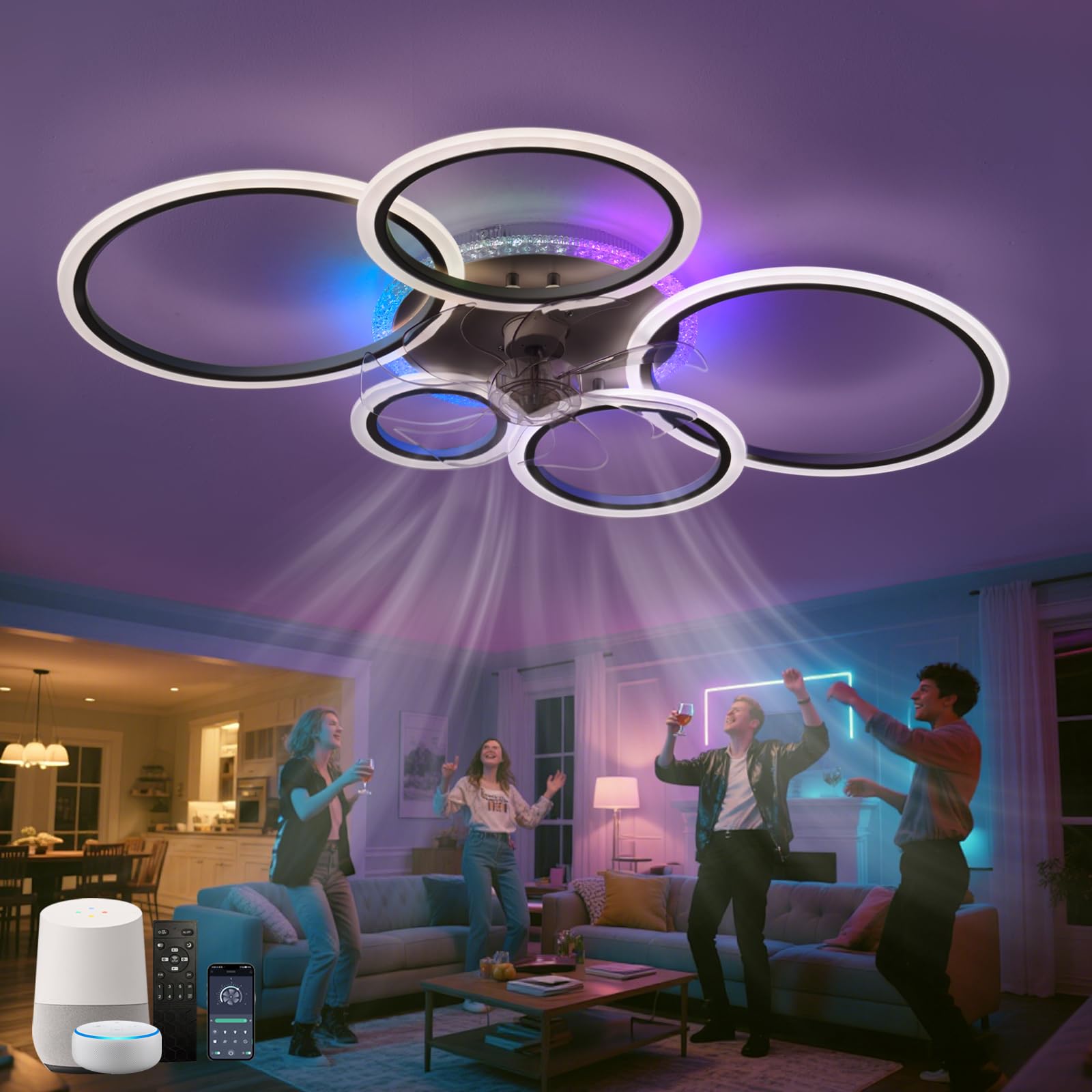 ZOMLBOF Reversible Fans with Lights 6-Speed Timer Alexa Compatible,Coloured Ceiling Light with Fan Dimmable,RGB Quiet Ceiling Fan Light with App Remote Control,Living Room Bedroom and Game Room Black