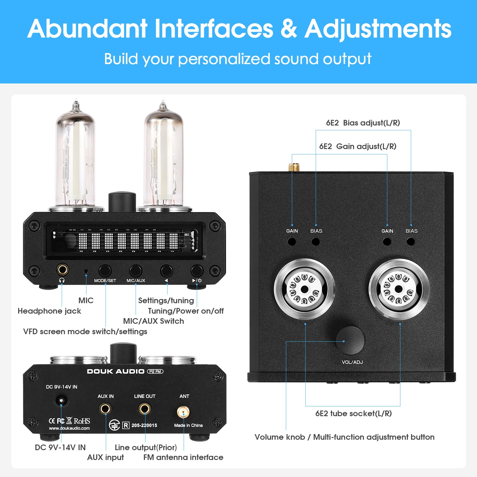 Douk Magic 6E2 - Amplificatore stereo per cuffie, indicatore sonoro, radio FM