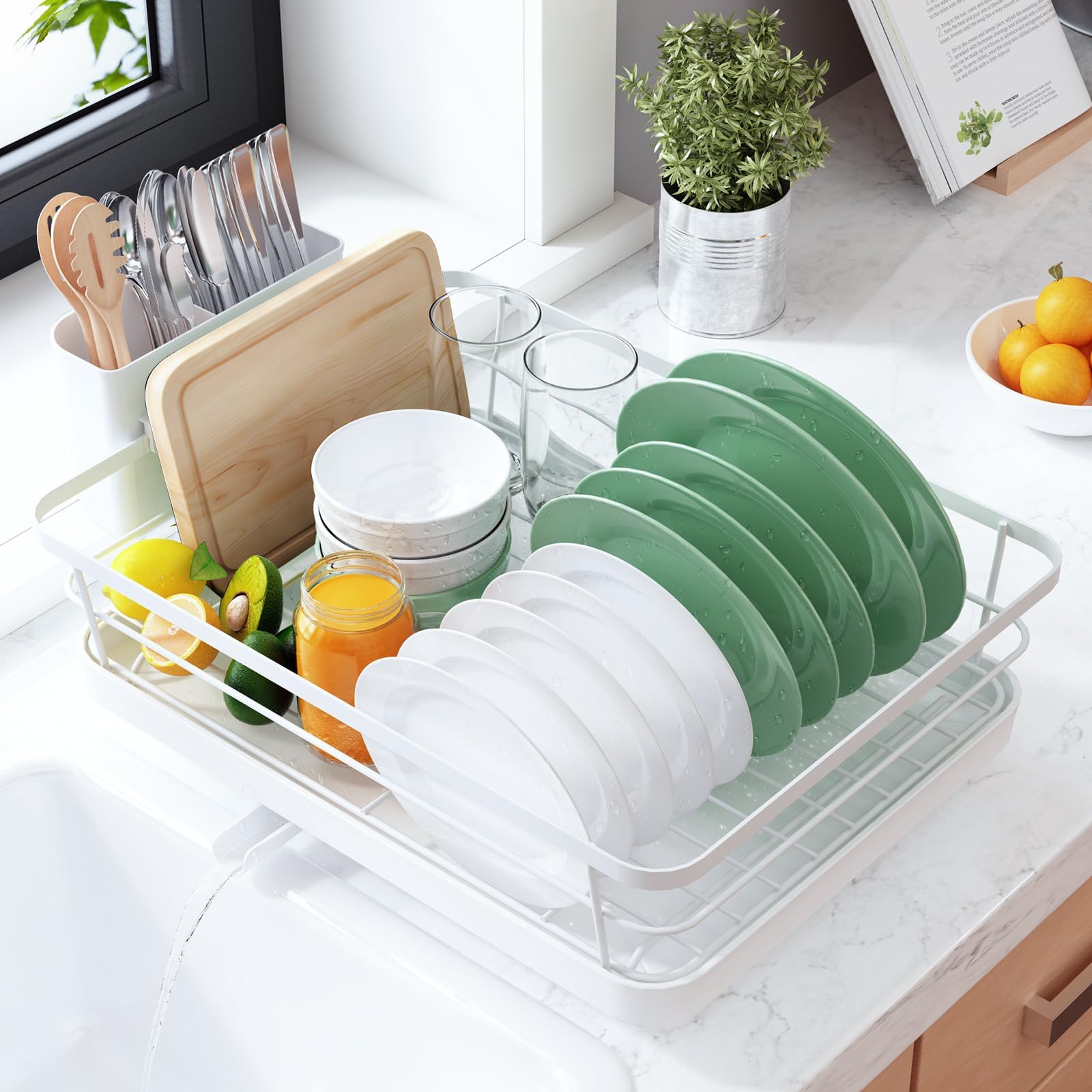 Dish Drying Rack for Kitchen Counter, Stainless Steel Sink Organization and Storage Essentials with Cutlery Holder, Home and Appartment Decor, 12''W x 15.5''L, White