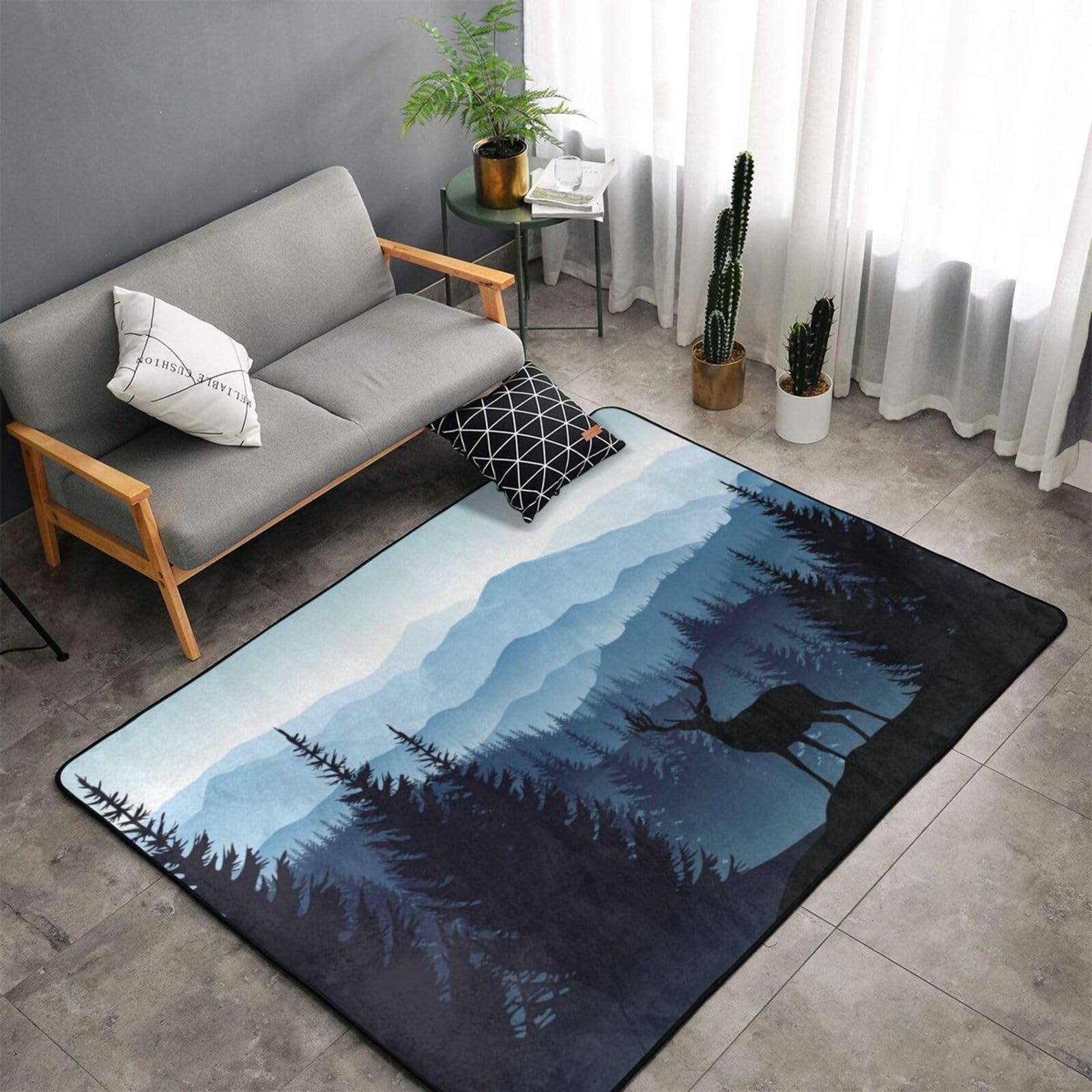 Big Size Washable Area Rugs Cover,Blue Landscape Misty Mountains Animals Wildlife Forest Soft Large Floor Carpets Mats Non-Skid Rug for Kids Room Living Room Bedroom Home Decor 6.6x4 Ft