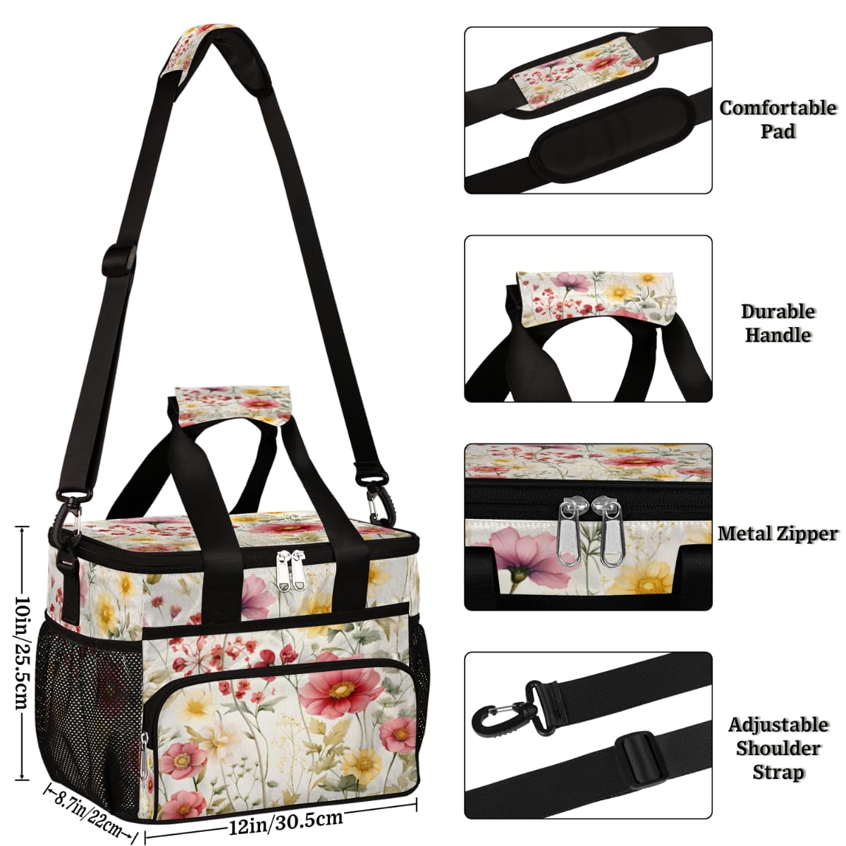 Floral Insulated Picnic Backpack Lunch Box for Women Men Picnic Basket Tote Lunch Bag Picnic Bag Portable Lunch Bags for Picnic, Beach, Work, Trip,Office, Camp Colorful Flowers