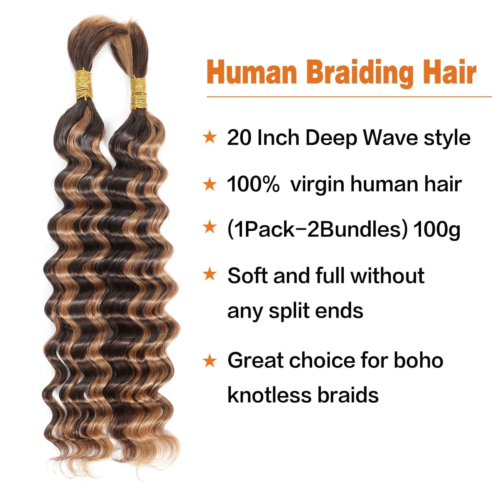 Bulk Human Braiding Hair Deep Wave Human Hair for Braiding Micro Braiding Hair Human Hair 100% Unprocessed Brazilian No Weft Human Hair 20 Inch (100g,4/27) - Image 2