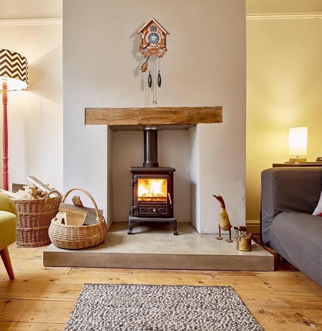 Cuckoo Clock with Night Mode, Singing Bird and Carved Wood Decorations