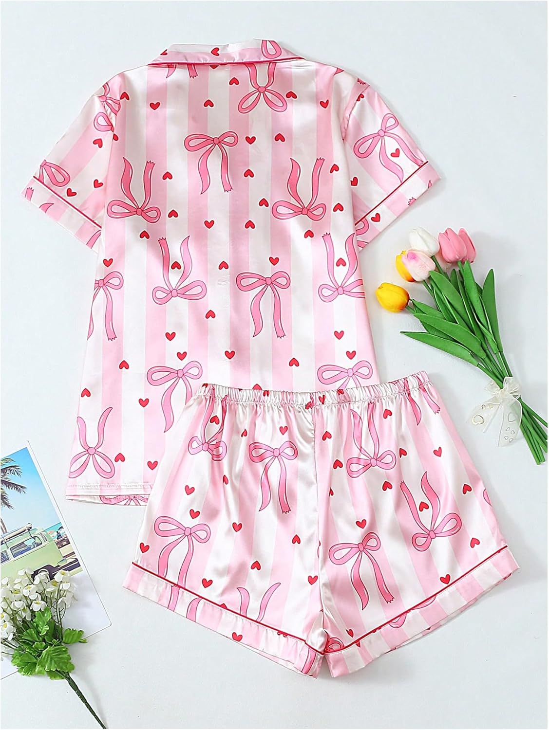 Verdusa Women's 2 Piece Cute Bow Striped Satin Pajama Set Button Down Short Sleeve Top and Shorts - Image 2
