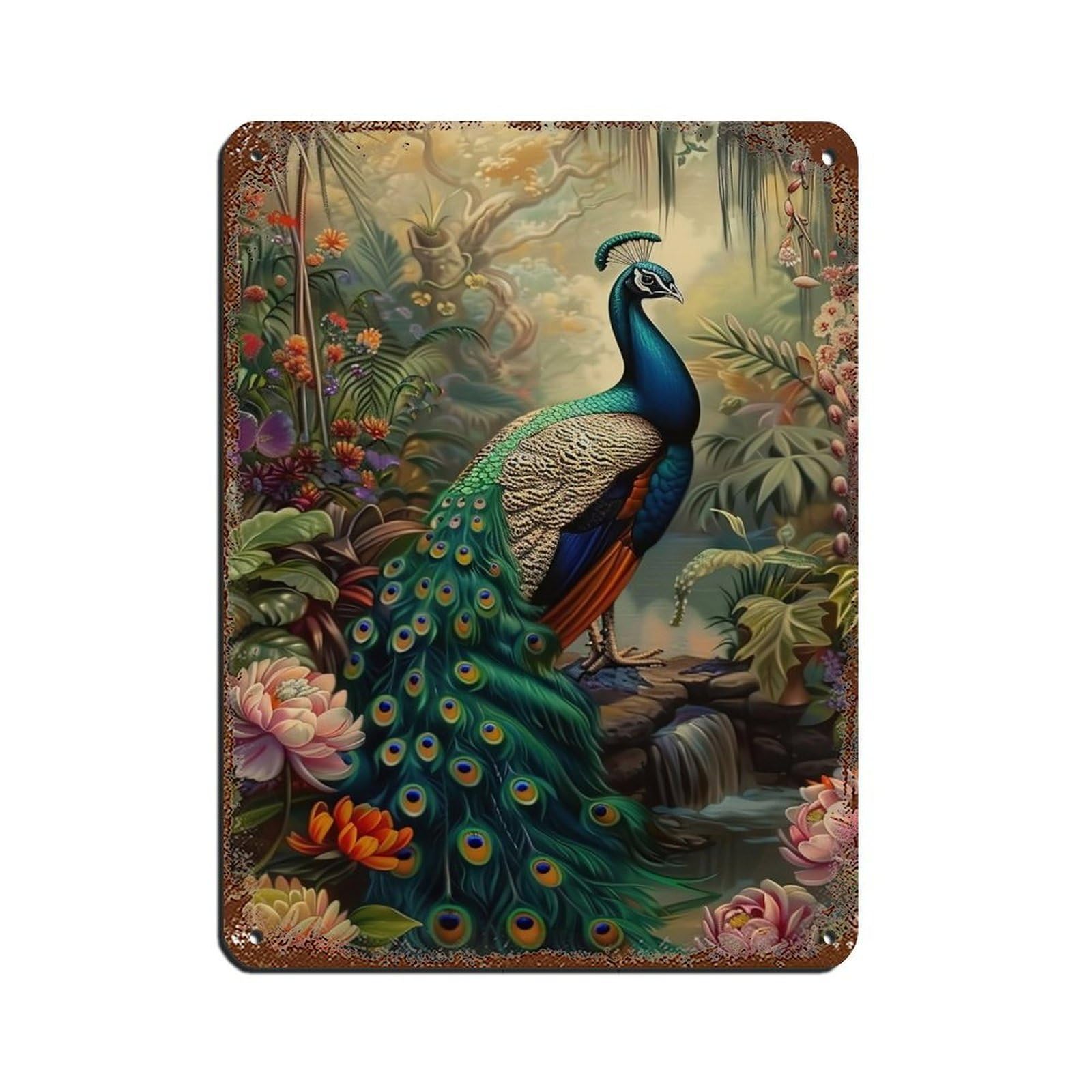 Vintage Peacock Painting Poster Tin Sign Vintage Metal Pub Club Cafe Bar Home Wall Art Decoration Poster Retro 12x16inch(30x40cm)