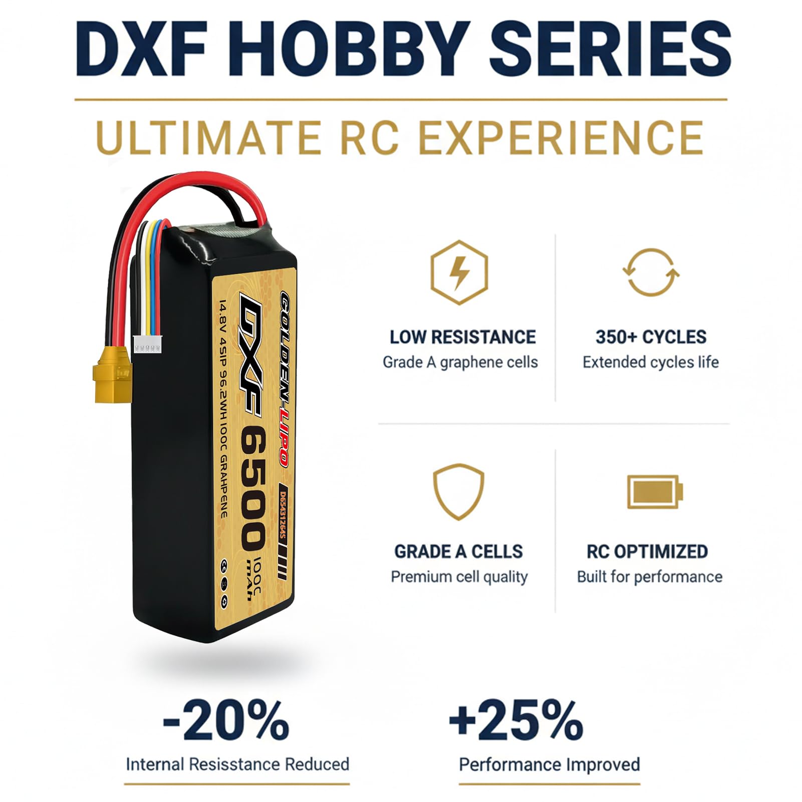 DXF Batteria 4S LiPo 14,8 V 6500 mAh 100 C XT90 – RC Lipo batteria 4S per auto, aeroplano, elicottero, barca, batteria ai polimeri di litio, confezione da 2 pezzi