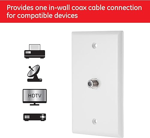 Miniatura 2 de GE 76393 - Placa coaxial, 1 puerto, paquete de 4 unidades, conexión tipo F montada en la pared para cable coaxial, tornillos incluidos, una sola