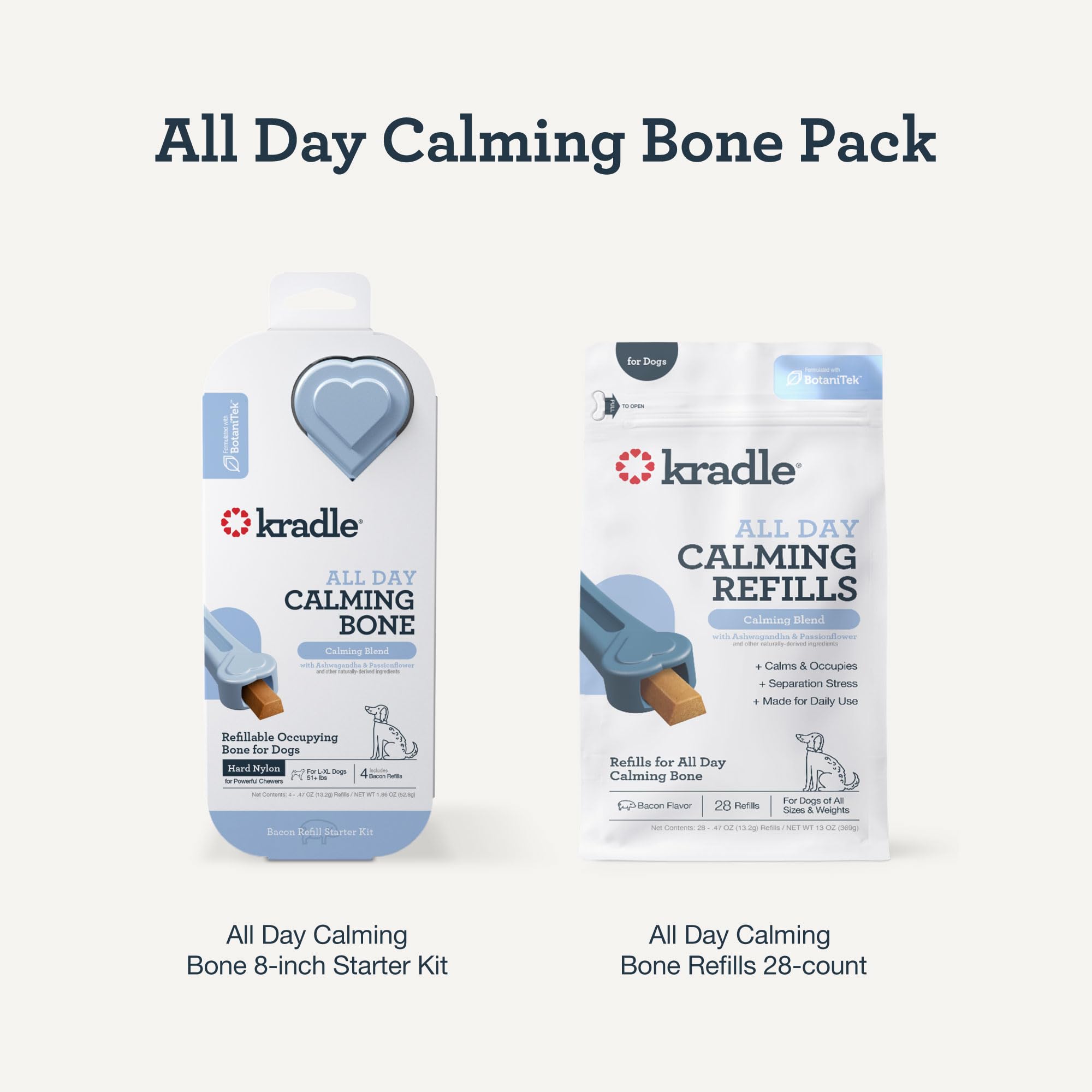 Kradle Hueso de perro calmante para todo el día, juguete recargable con sabor a tocino con Ashwagandha y GABA para perros ansiosos, hueso de perro de nailon de 8 pulgadas con 28 recambios