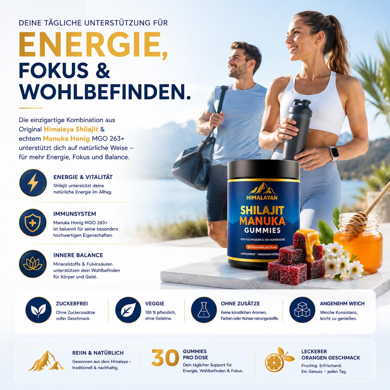Shilajit Himalaya & Manuka Honig MGO 263 – Zuckerfreie Veggie Wohlfühl-Gummibärchen – Deine tägliche Unterstützung für Energie, Immunsystem & innere Balance