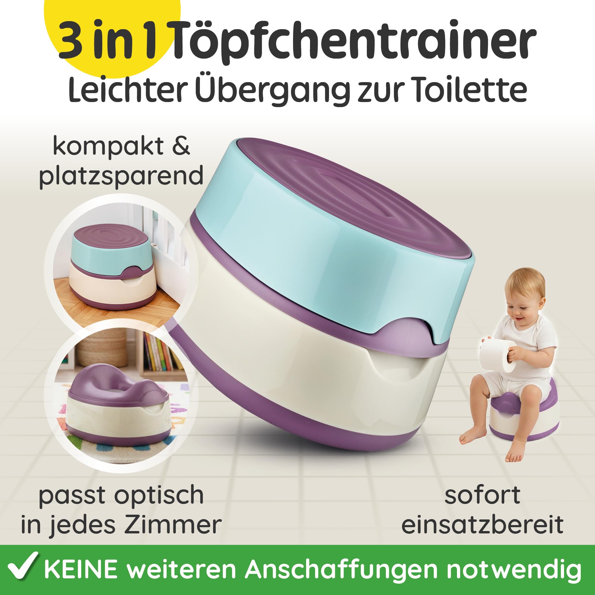 Merle Toys Nocnik dla dzieci, toaleta 3 w 1, certyfikat TÜV, bez BPA, toaleta do nauki korzystania z nocnika od 1 roku, toaleta dla dzieci + taboret toaletowy, łatwe czyszczenie, miętowy