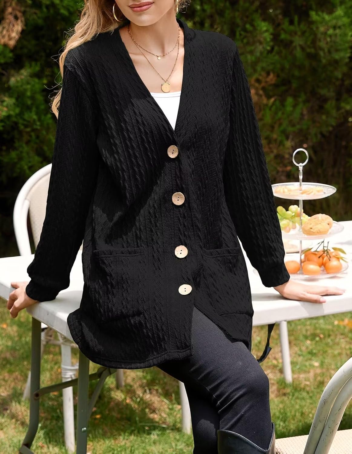 LARACE Open Front Cardigan for Women Cable Knit Sweater with Pockets Plus Size Long Sleeve Tops Button Down Winter Coat - Image 5