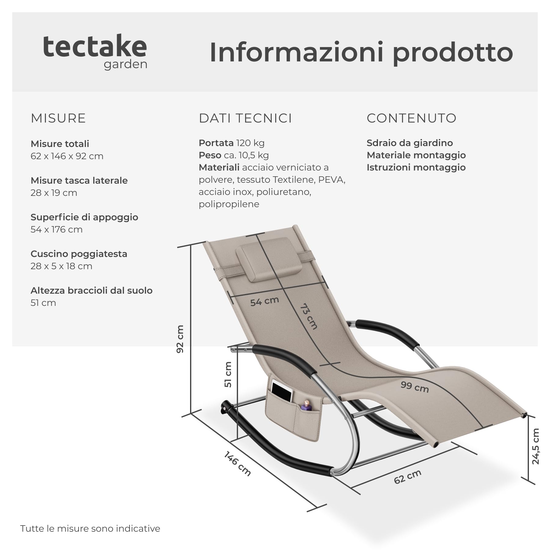 tectake® Lettino prendisole a Dondolo da giardino, Sdraio da Giardino, Cuscino Rimovibile, Telaio in Acciaio, Braccioli Imbottiti, Textilene Traspirante e Idrorepellente, Sedia a dondolo - Beige