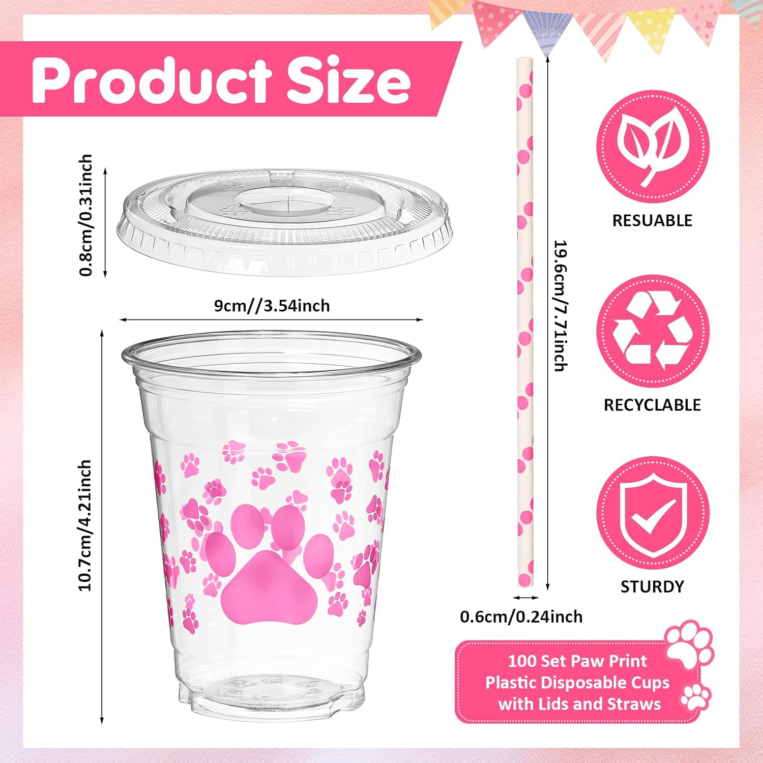 Mifoci 300 Pcs Colorful Dog Paw Plastic Cups Bulk with Flat Lids and Straws Set 12 oz Clear Puppy Paw Disposable Plastic Cups with Lids for Dog Puppy Baby Shower Party Favors