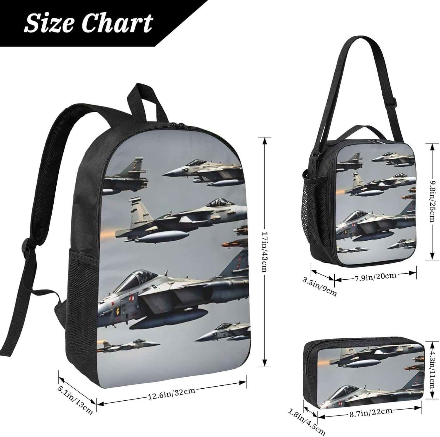 Aircraft Fighter Jets print 3 Piece Backpack Bags with Lunch Box Pencil Case Set for Travel Work Camping Unisex