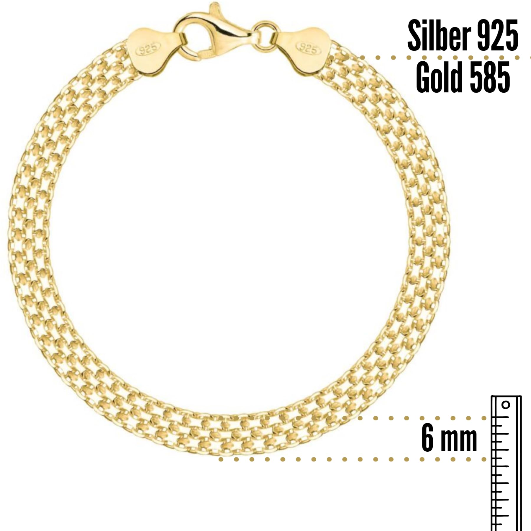 ZELYA Damen Armband vergoldet Silber 925/585 – Bismarckkette breite von 3 bis 9 mm, erschiedene Längen, Gravur möglich, Schmuck Geschenk, Gold Armband Bismarck Stil- Bismarckmuster