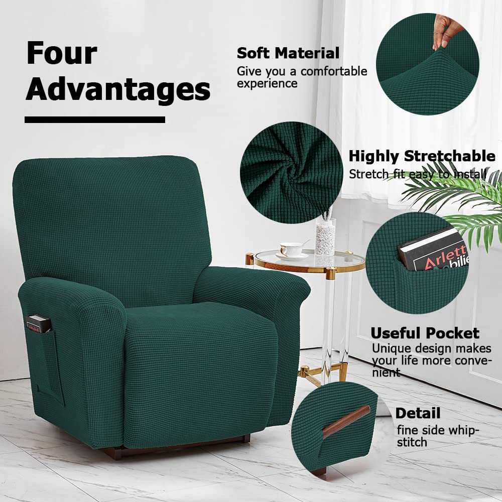 Highdi 4 Pièce Housse de Fauteuil Relax Extensible, Jacquard Plaine Fauteuil Relax Inclinable avec Poche Latérale, Housse de Canapé 1 Places Antidérapante Protecteur de Fauteuil (Bleu Classique