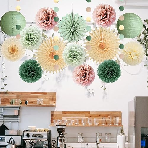 Miniatura 6 de Sage Green and Dusty Rose Party Decorations Paper Lanterns Sage Green and Dusty Pink Party Decorations Retro Olive Cream Poms Beige Fans for Boho