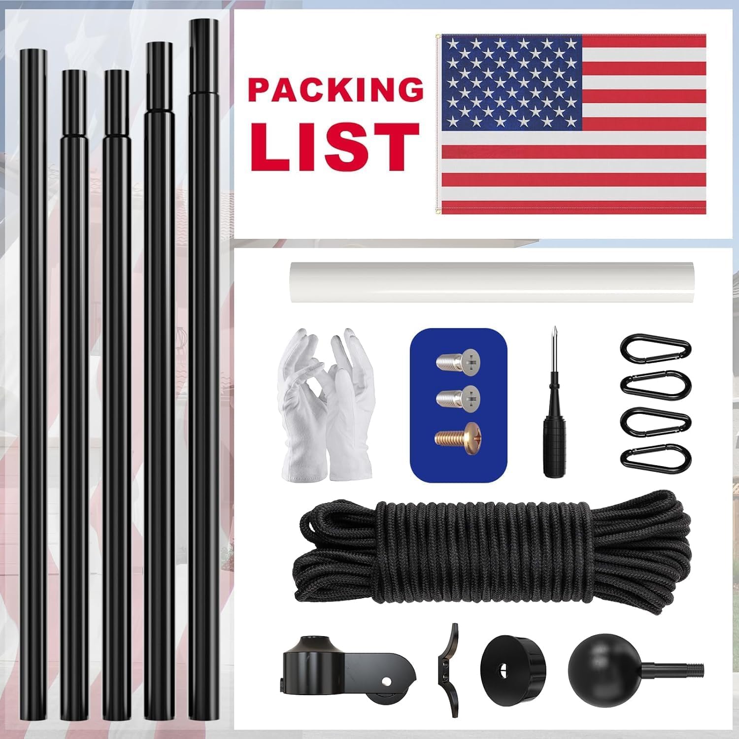 25FT Heavy Duty Flag Pole - Extra Thick Aluminum Flagpole kit with 5x3 Nylon Embroidered Flag for Outside Yard,Outdoor,Commercial or Residential-Ground - 100MPH Wind Tested,Black