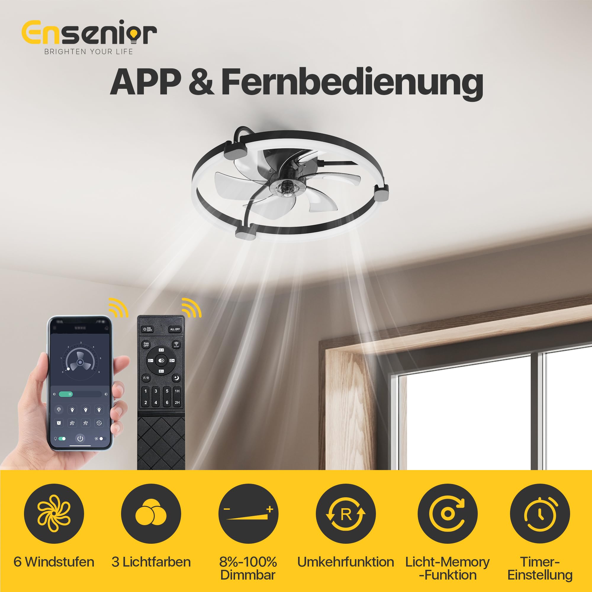 Ensenior Deckenventilator mit Beleuchtung, 50cm Deckenlampe mit Ventilator & Fernbedienung, 6 Geschwindigkeiten Leise, Stufenlos Dimmbar (3000K-6500K), Flaches Design für Schlafzimmer Büro - Schwarz
