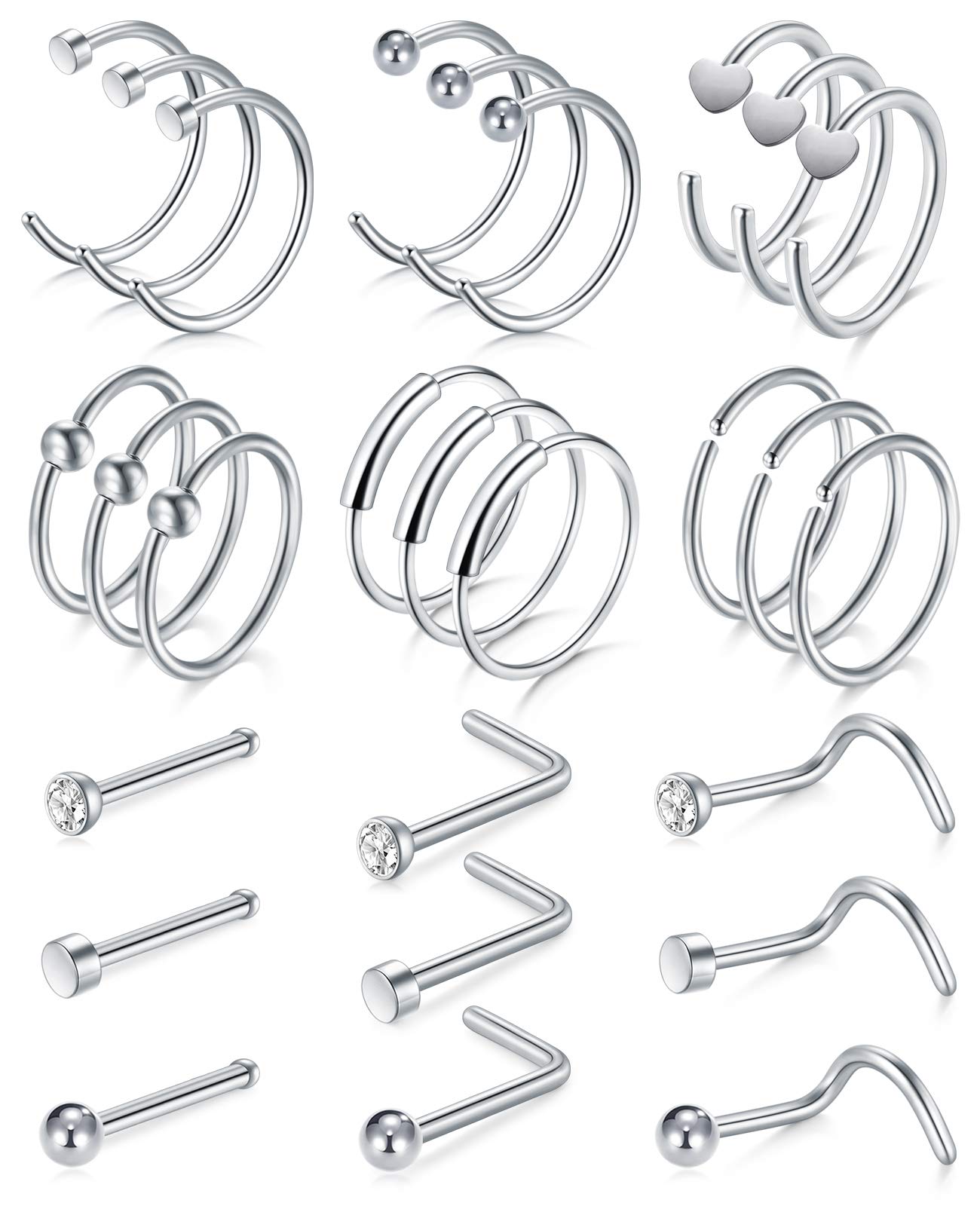 Funseedrr27pcs Acero Quirúrgico Piercing Nariz Pernos Aros 20G 8mm Nariz Tornillo Barras Pin Septum Rectos L Forma Set CZ Nariz Piercing Joyas