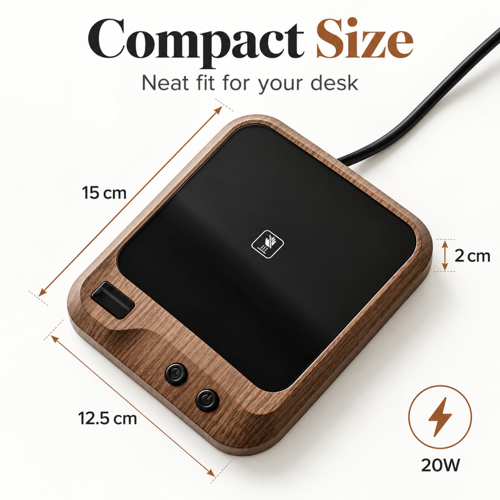Tapis chauffant électrique, chauffe-boisson de bureau, chauffe-tasse réglable de 20 W pour café, thé et lait. Finition grain de bois, contrôle à deux boutons. Convient pour les tasses à café, les
