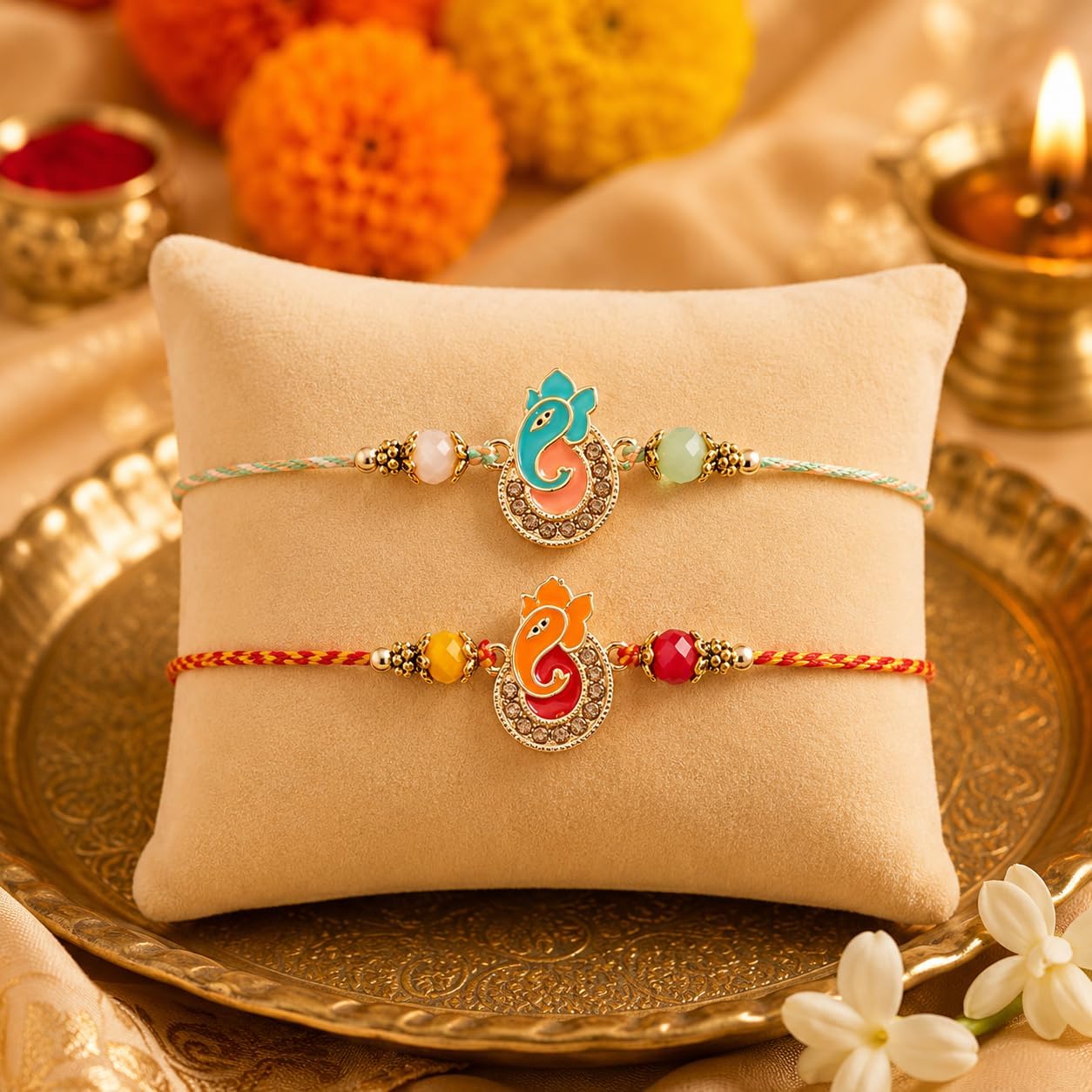 Rakhi For Brother - Set of 2 With Greeting Card for Bhaiya Traditional Pendant For Raksha Bandhan Designer Rakhi Thread for Bhaiya (Design 1)