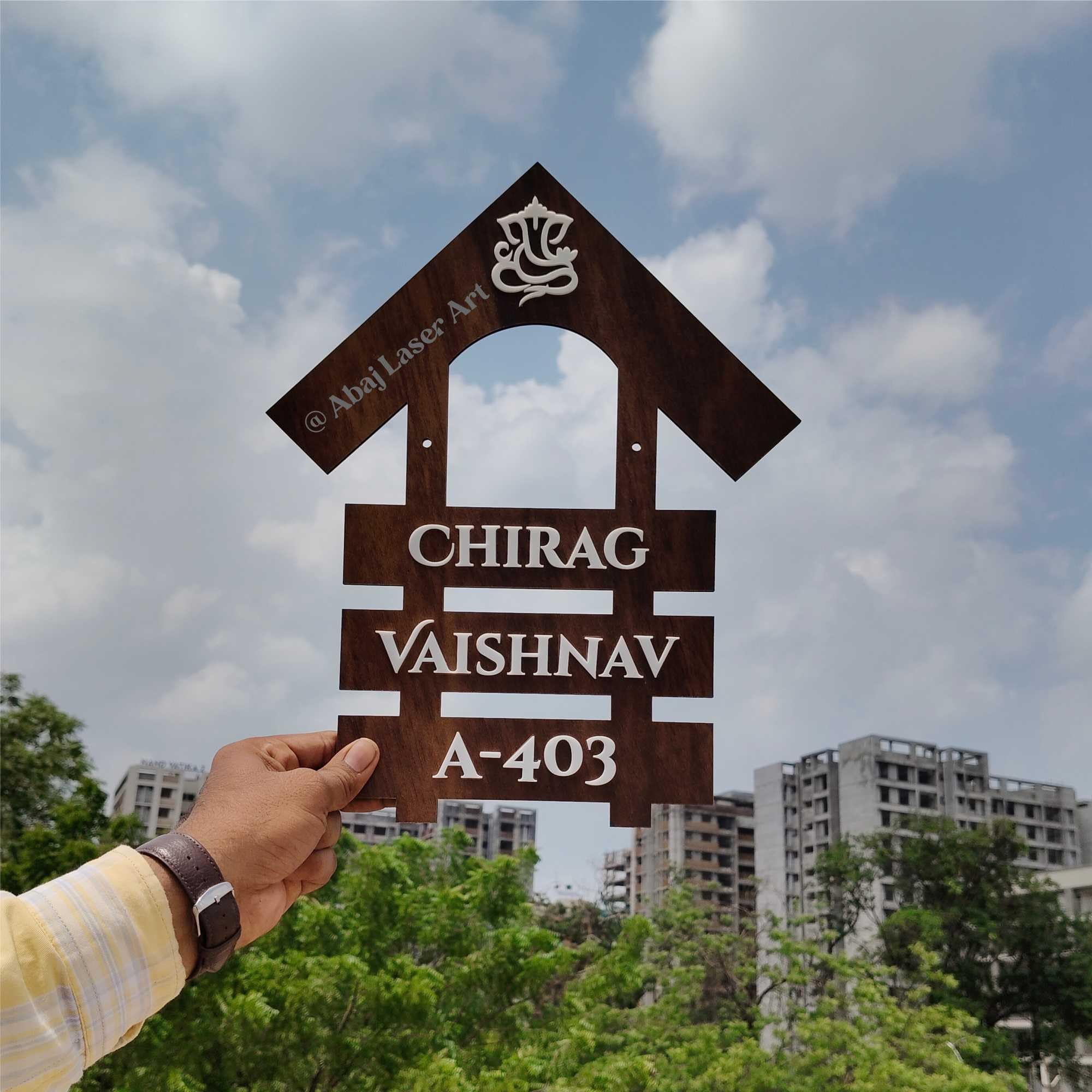 ABAJ Wooden Personalized Name Plate (14*12 Inch) for Home Entrance | Stylish Look & Clear Visible | with 3D Letters | Ideal for Indoor House Villa Bungalow & Flat | Brown with White Letters (CHIRAG) — Amazon image 6