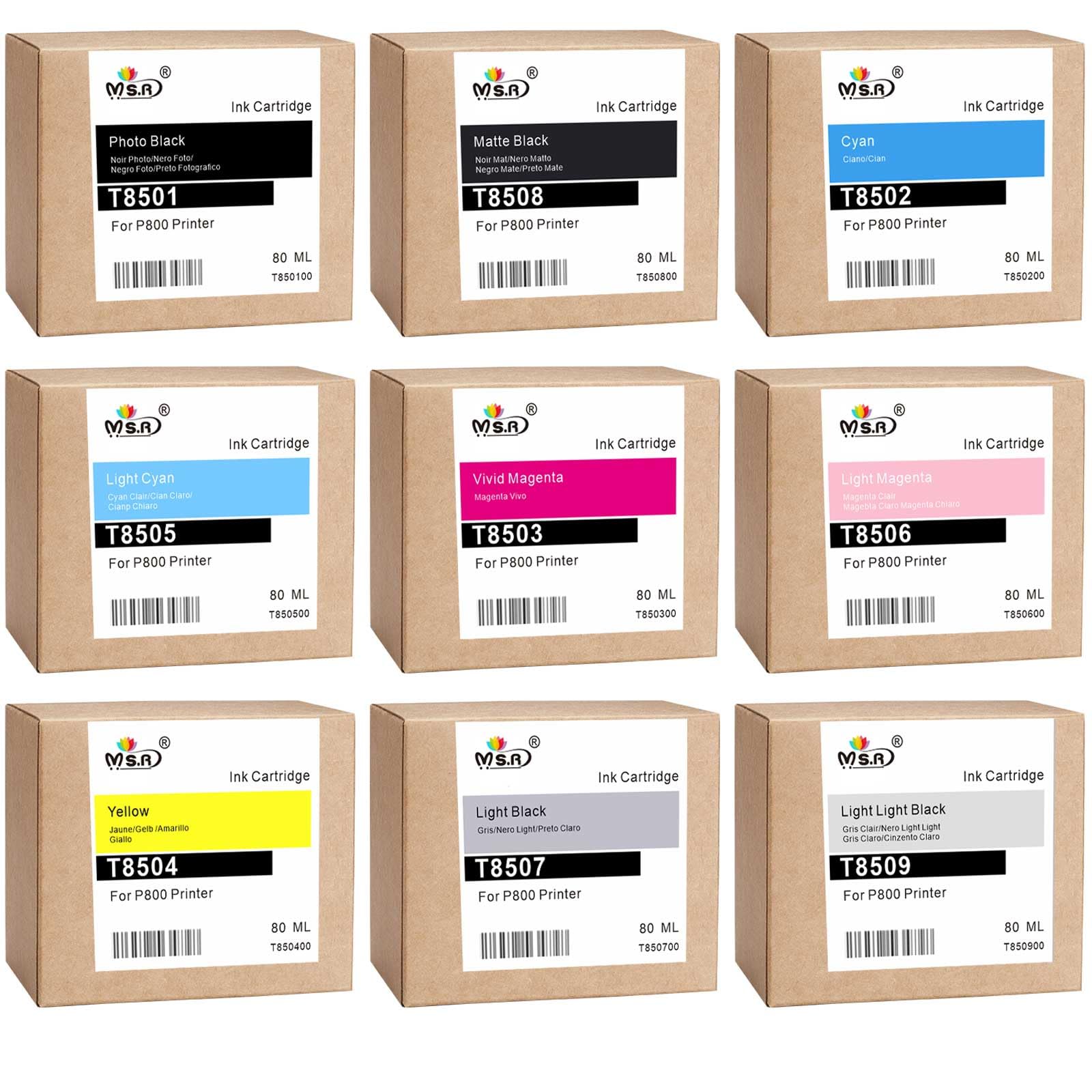 MS.R T850 Ink Cartridges Remanufactured Replacement for Surecolor P800 Printer T8501 T8502 T8503 T8504 T8505 T8506 T8507 T8508 T8509 Ink (9 Pack)