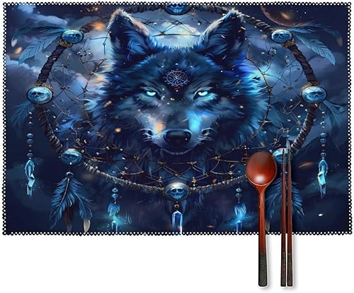 Wolf Dream Catcher Placemats Set of 6 Resistant Table Mats Washable Place Mats for Dinner Party Table Decoration