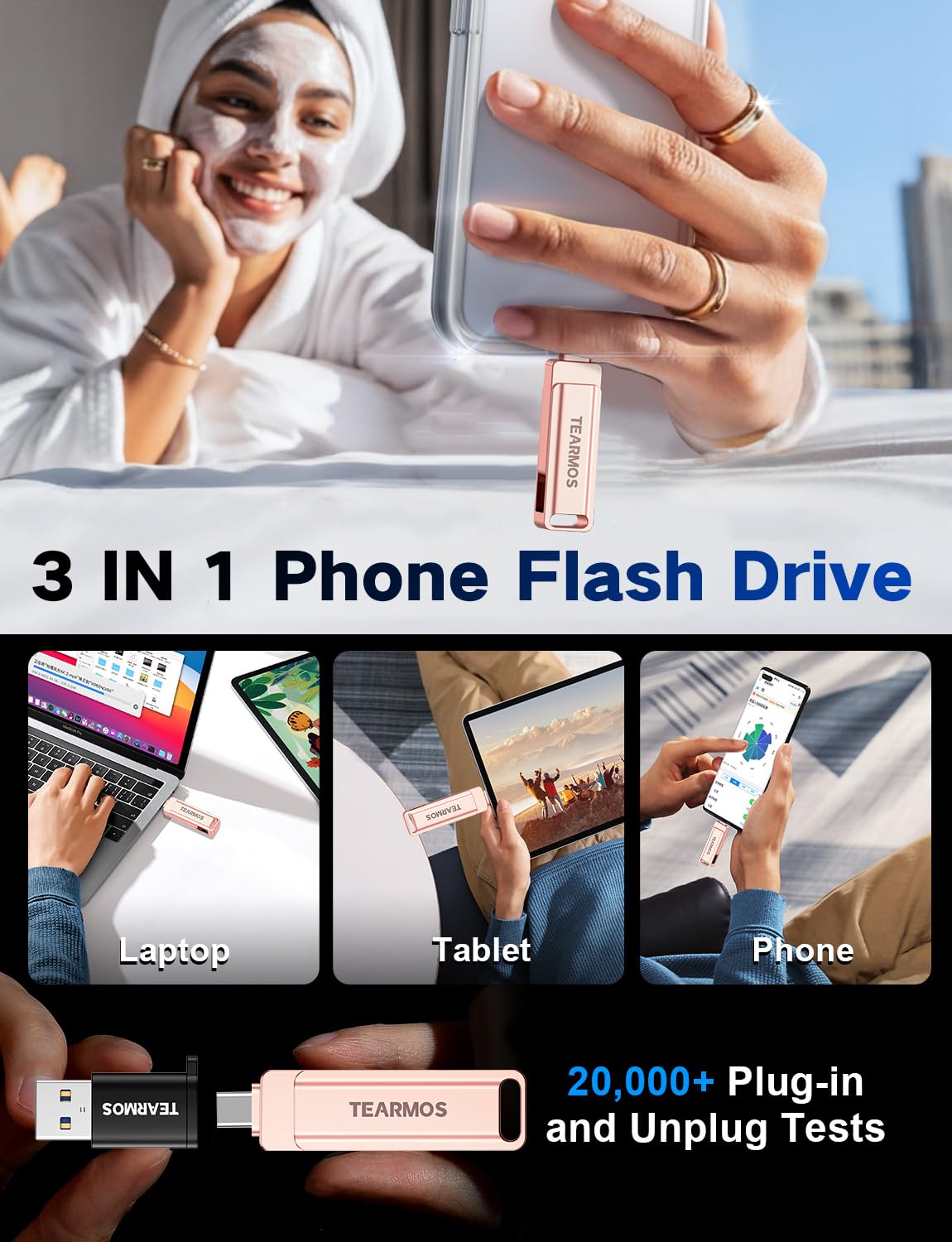 Memoria de 512 GB para unidad flash de iPhone, almacenamiento de teléfono para fotos y videos, copia de seguridad de archivos, compatible con iPhone, iPad, Android, PC, Plug & Play, no