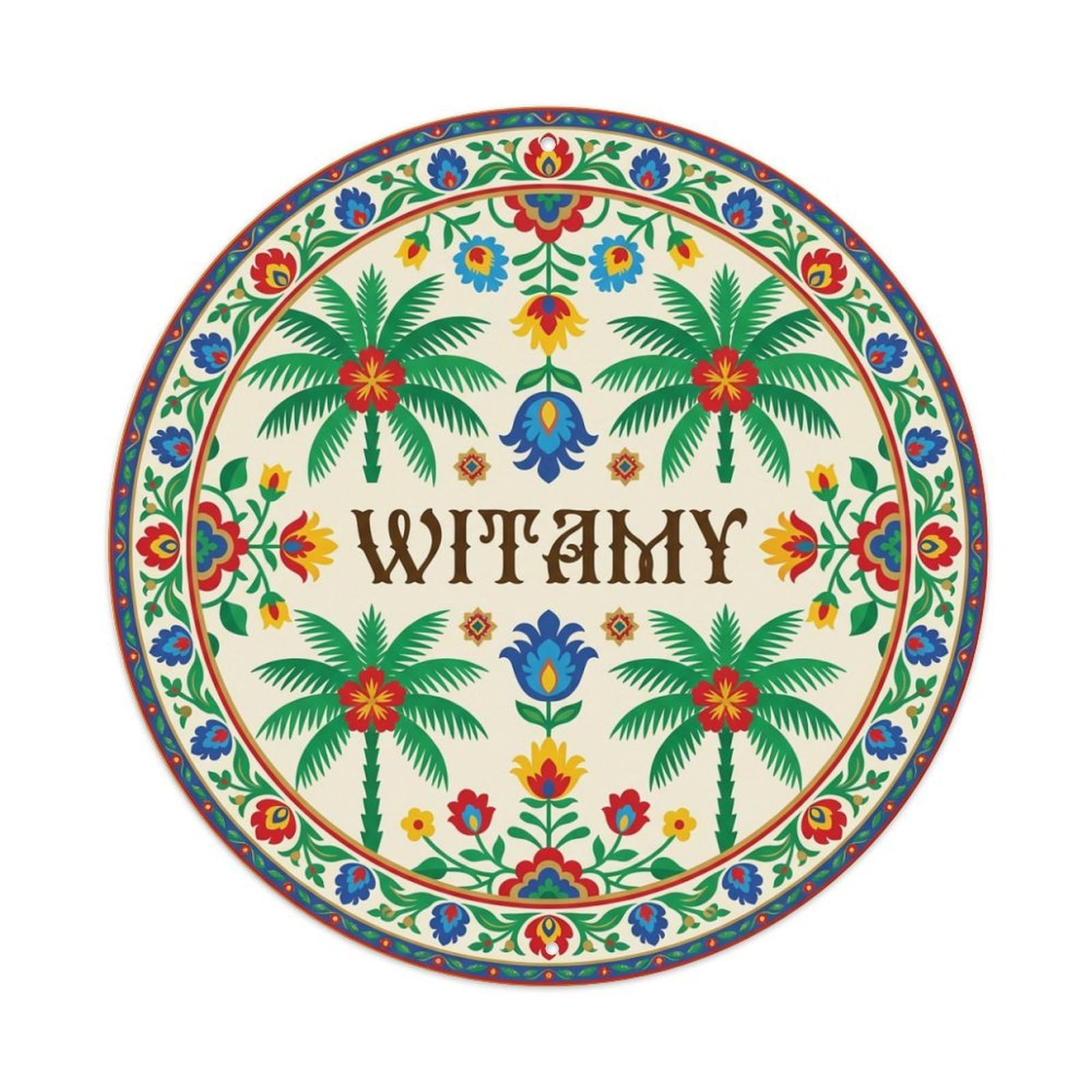 Fyrn Style Metal Tin Sign Vintage Polish Folk Art Witamy Welcome Palm Frond