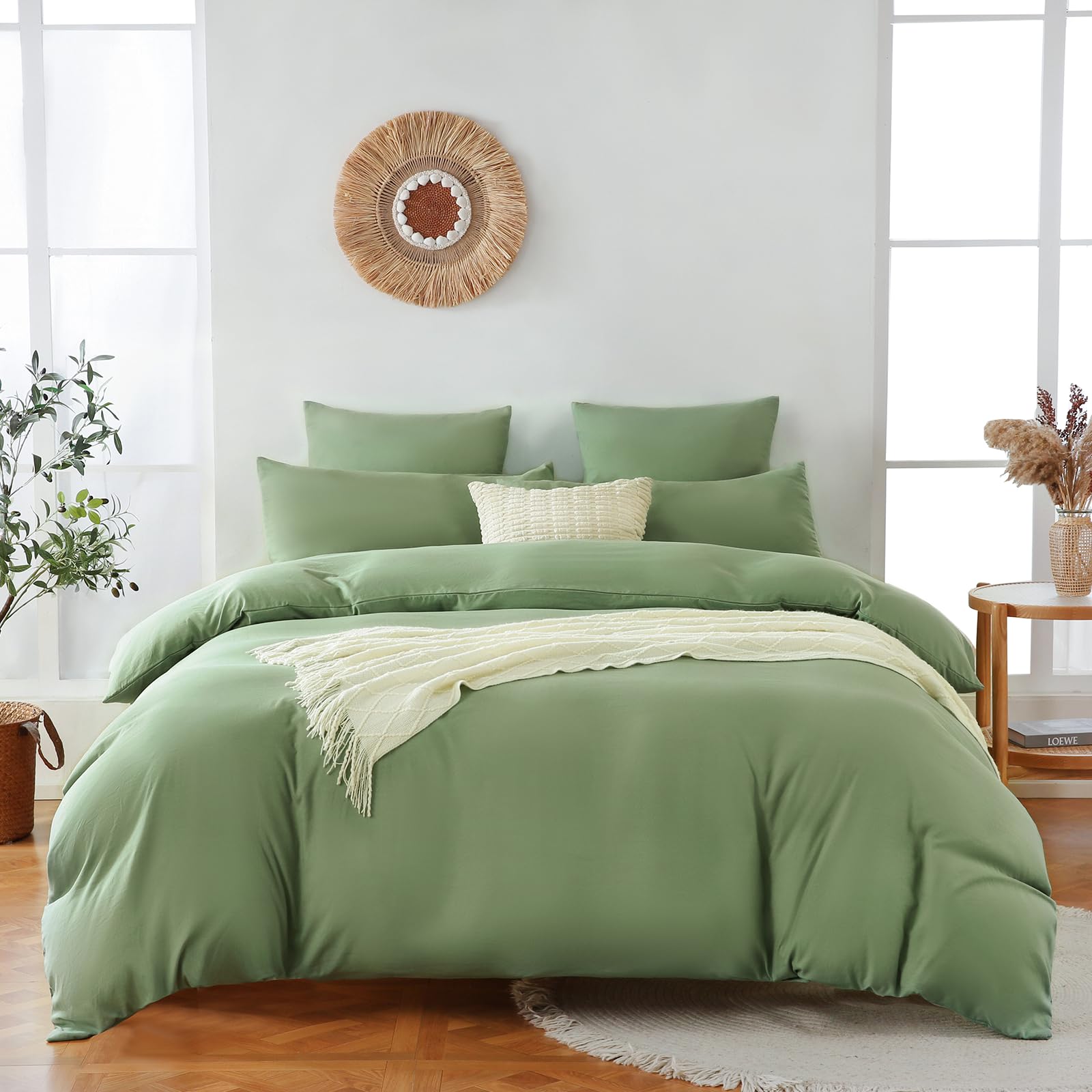 Aerzosty Washed Microfiber Duvet Cover King Size,Ultra Soft, Wrinkle and Shrink Resistant Oeko-Tex-Zertifiziert -Sage Green bedding(Pack of 3)