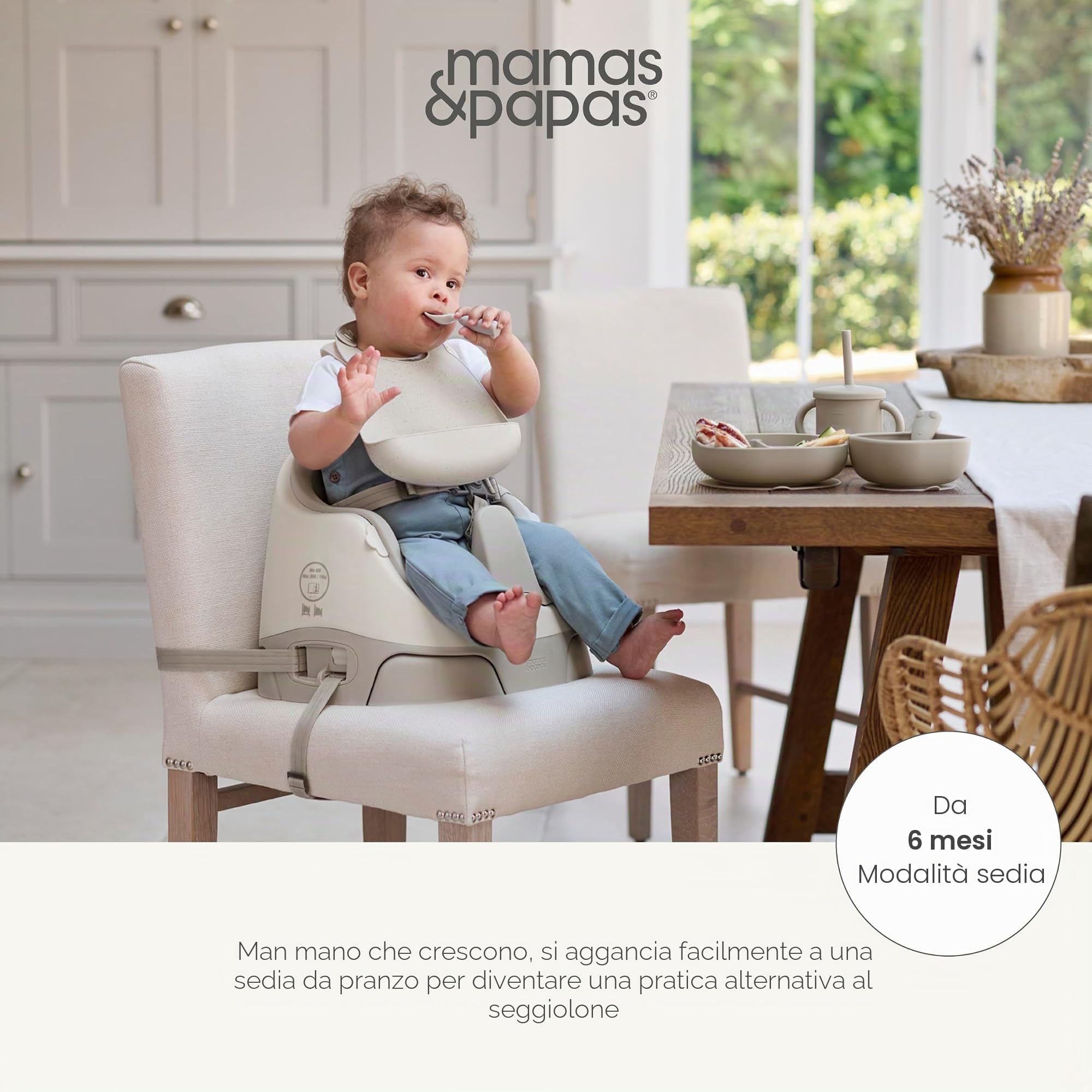 Mamas & Papas Baby Bug seggiolino pappa, vassoio staccabile, imbracatura, seduta regolabile e piedini antiscivolo, Pebble Grey