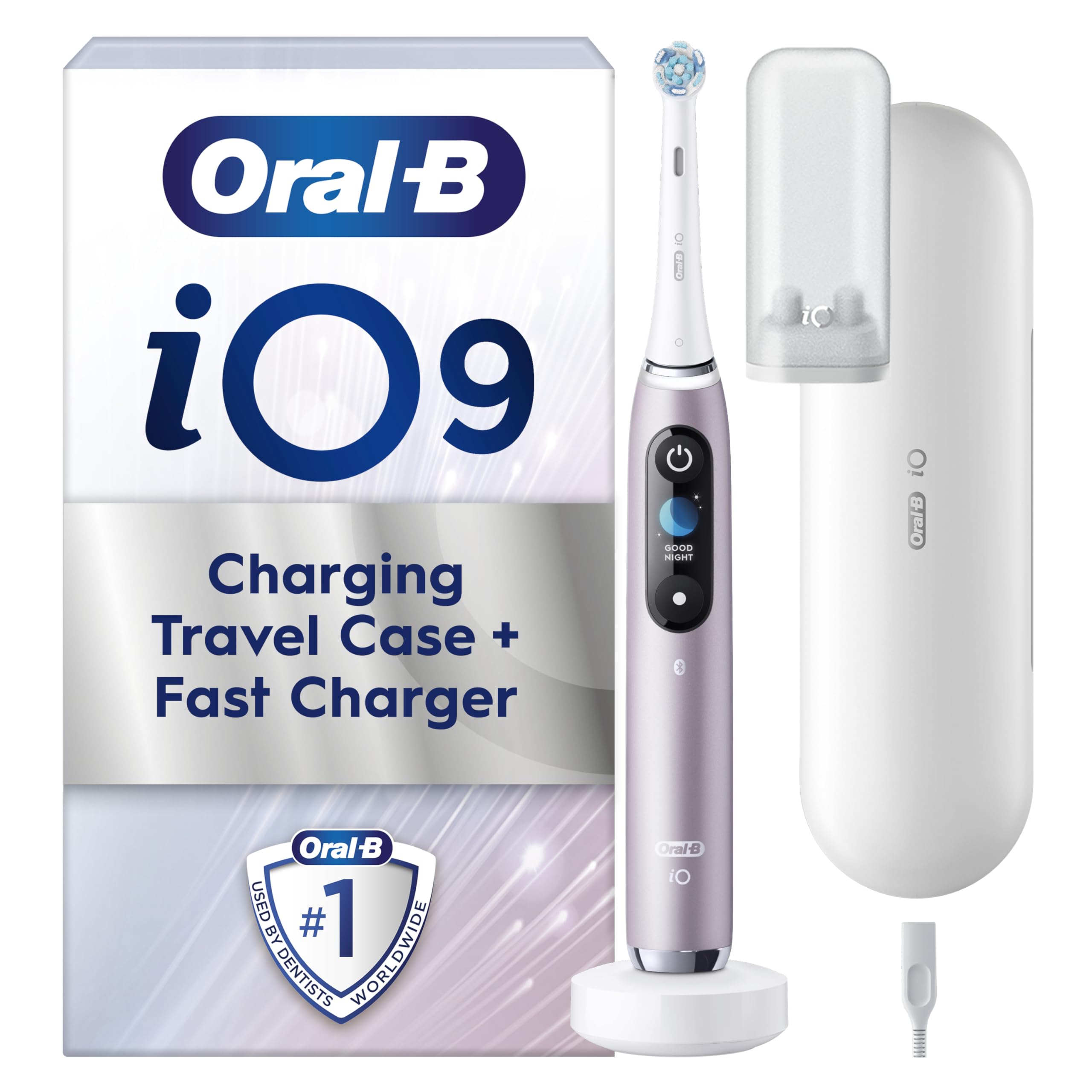Oral-B iO9 Electric Toothbrush For Adults, App Connected Handle, 1 Toothbrush Head and Charging Travel Case, 7 Modes with Teeth Whitening, 2 Pin Plug, Rose