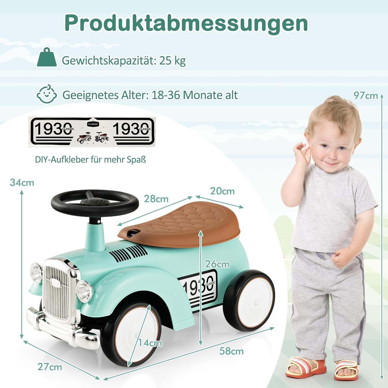 FANTASK Rutschauto mit Stauraum & Kippschutz in Grün, Rutscherfahrzeug, Kinderfahrzeug mit Lenkrad & Sound, Rutscher Kinderauto für Kinder ab 1 Jahr