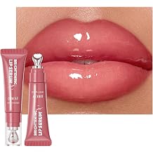 Brightening Lip Serum with Metal Applicator 3# PINK PEACH | Hydrating Lip Oil Gloss, Plumping Moisturising Lip Care, Non-Sticky High Shine Lip Tint for Dry Lip