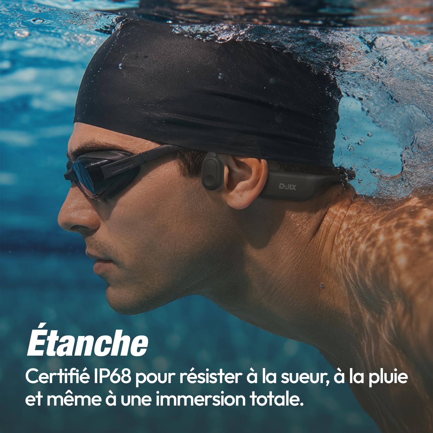 D-JIX Triton 600 - Auriculares de conducción ósea Bluetooth 6.0 y MP3 32GB | Impermeable IP68 | Autonomía 15h | Carga rápida | Micrófono Integrado | Ideal Deporte y Trabajo (Black)