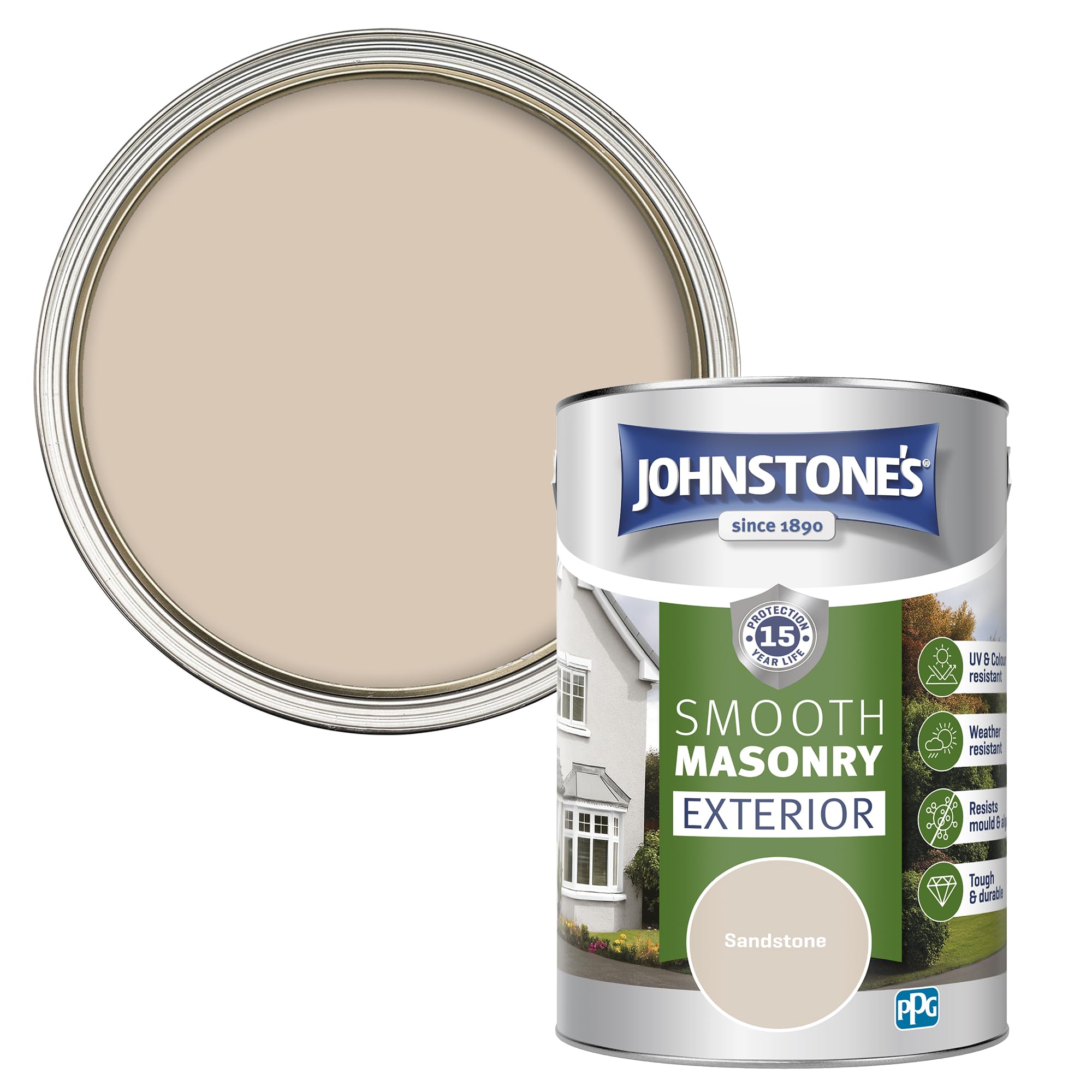 Johnstone's Sandstone Johnstone’s – Exterior Smooth Masonry Paint – – Up To 15 Years Protection – Weather & Dirt Resistant – 60M² Coverage Per Tin - Dry In 1-2 Hours – 5 L