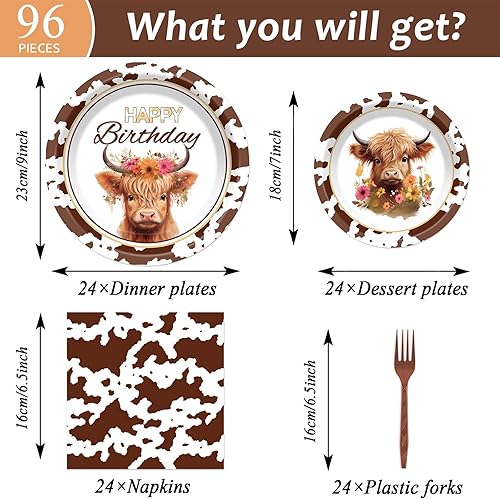Miniatura 2 de 96 piezas de suministros de fiesta de vaca de las tierras altas para 24 invitados, platos de vajilla de vaca marrón, servilletas de ganado de las