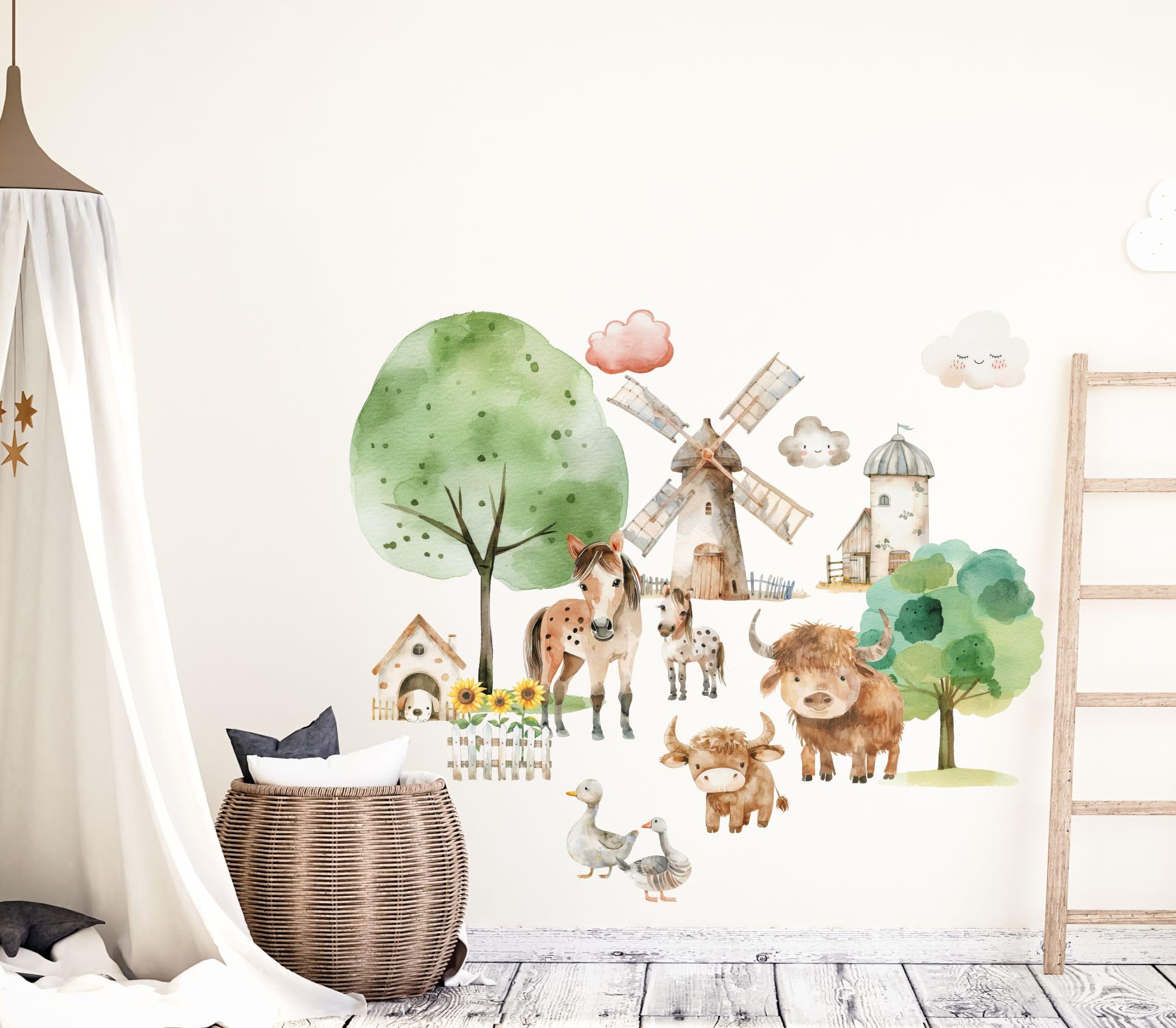 wolga-kreativ Wandtattoo Kinderzimmer - Wandsticker Dorf Schaf Kuh Pferd Mühle Deko Kinderzimmer - Wandsticker & Wandaufkleber Kinderzimmer | Dekor für Jungenzimmer
