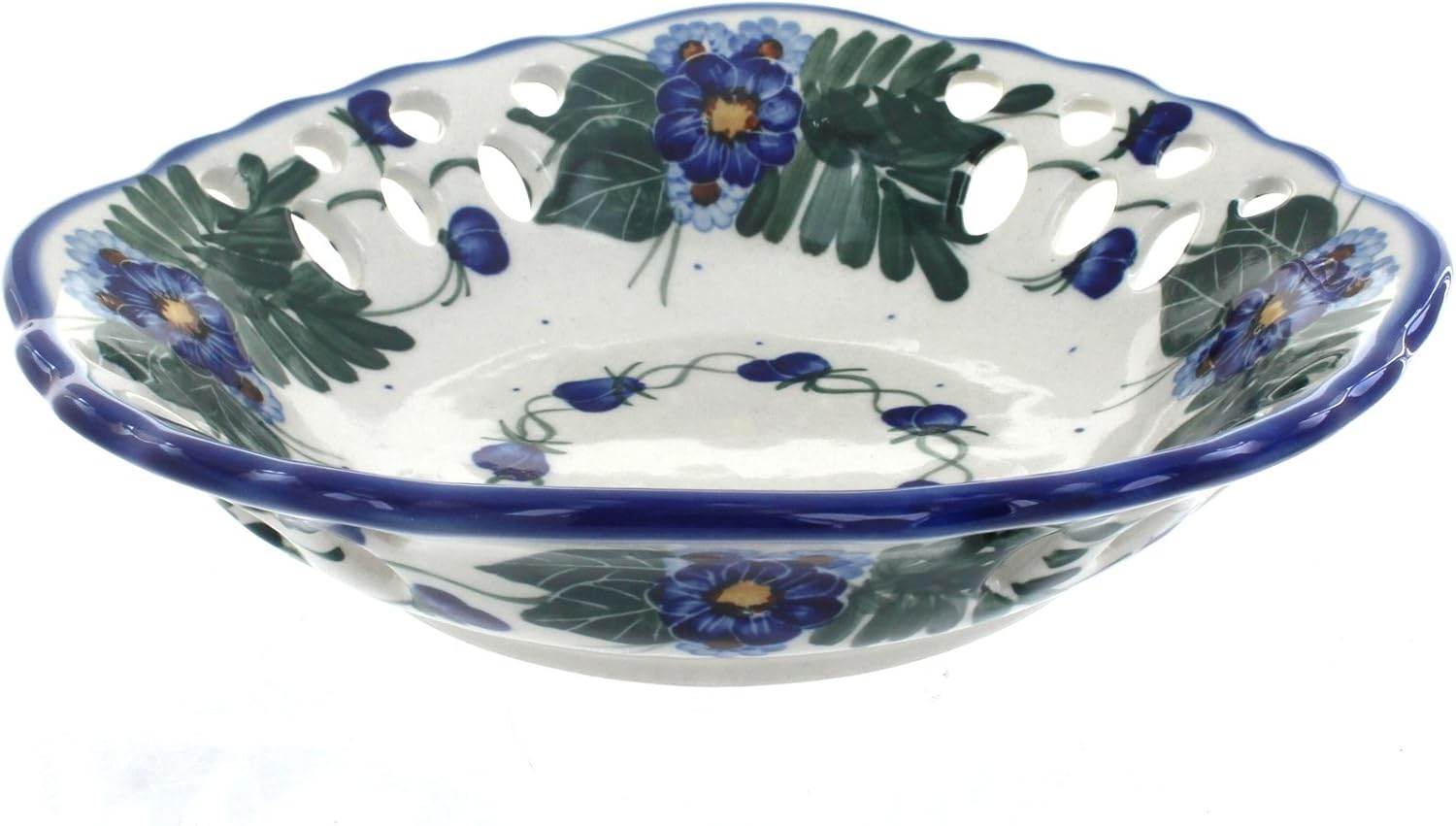 Blue Rose Polish Pottery - Blue Forget Me Not Large Fruit Dish - 8.8" Diameter - Ceramic Berry Bowl with Drain Holes, Perfect for Rinsing & Serving Fruit