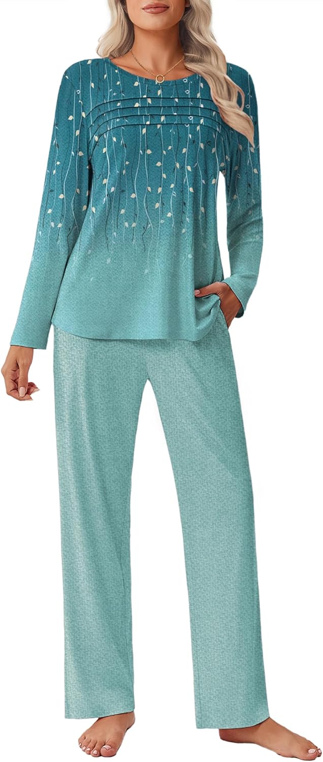 Ekouaer Womens Pajama Sets Pleated Tops with Long Pants Lounge Set Long Sleeve Fall Sleepwear Ladies Pjs S-XXL
