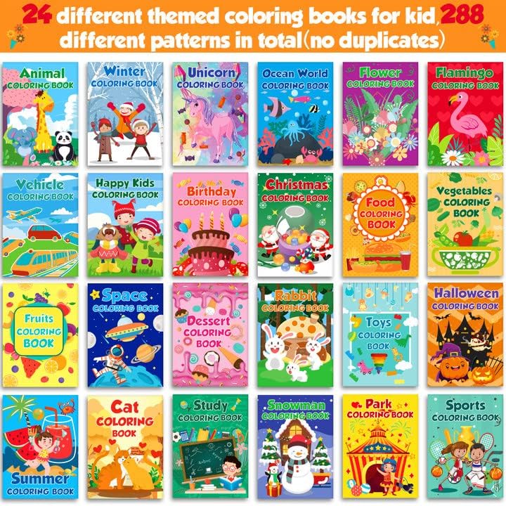24Pack Small Coloring Books for Kids Ages 4-8, 8-12, Bulk Coloring Books for Kids Ages 2-4, Kids Birthday Party Gifts Classroom Activity, Mini Coloring Books Includes Unicorn, Christmas, Toy, Car